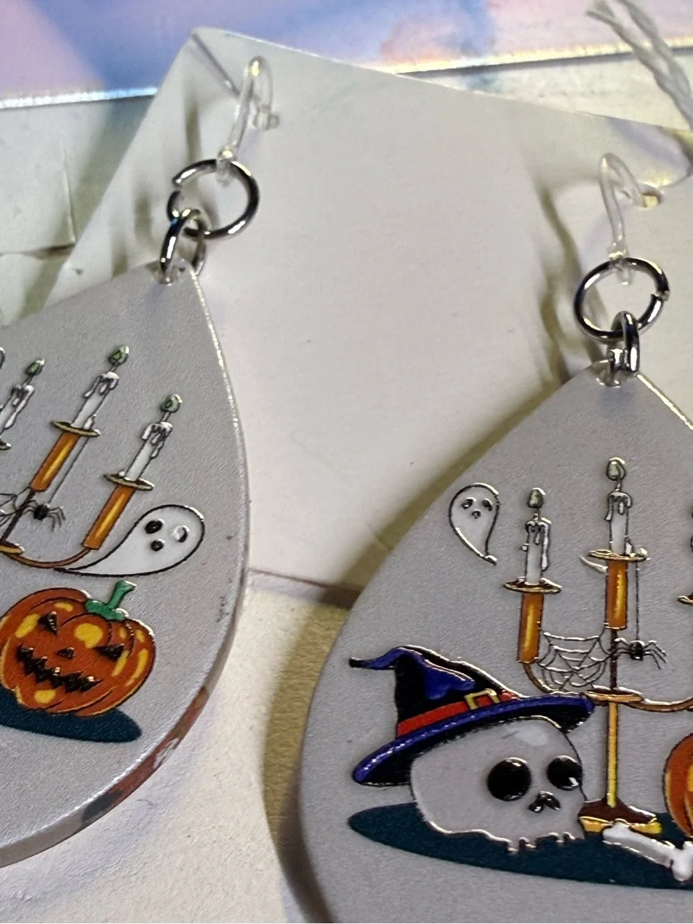 Hypoallergenic Spooky Halloween Teardrop Earrings | Skull Candelabra Pumpkin